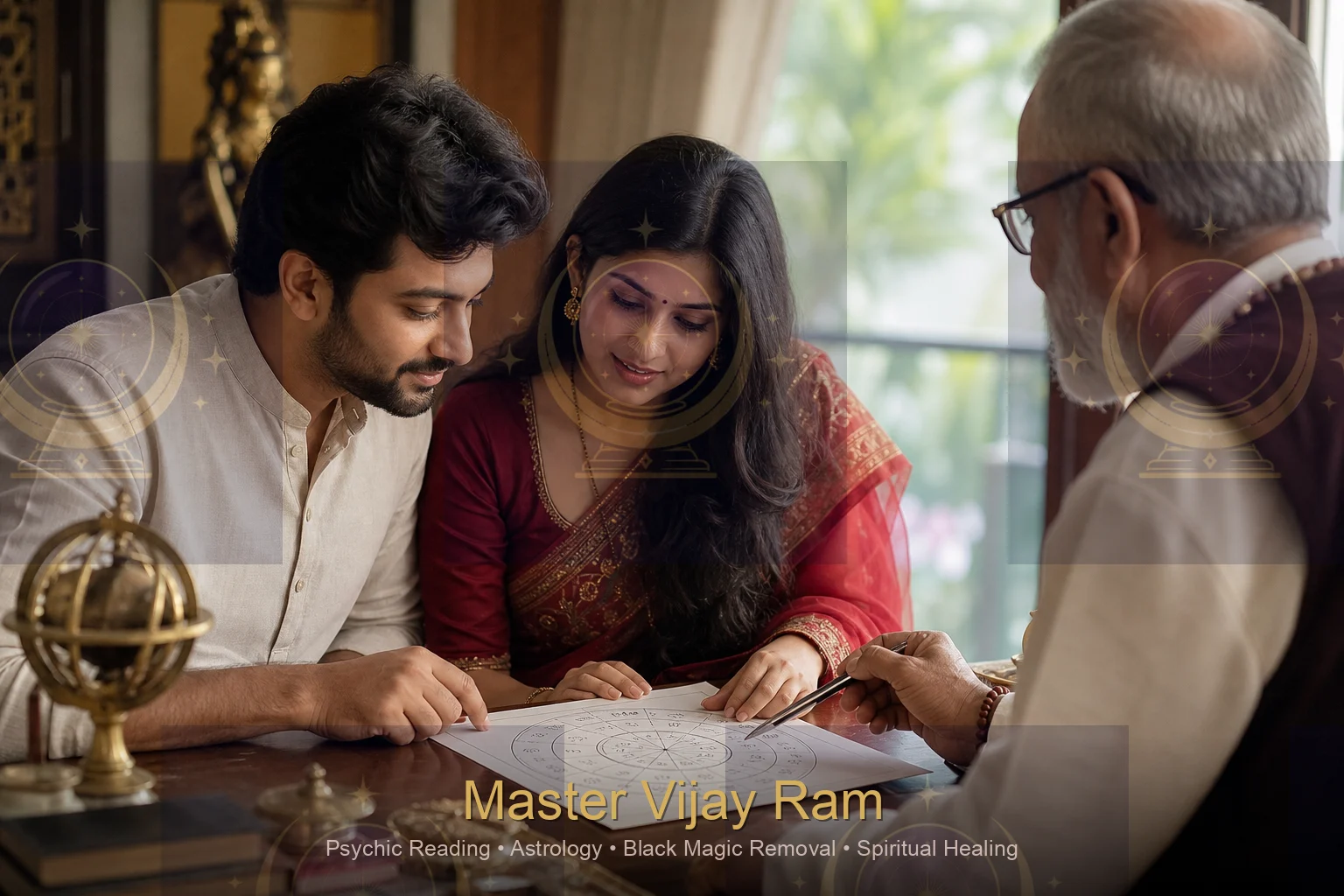 Couple reviewing birth chart with Master Vijay Ram