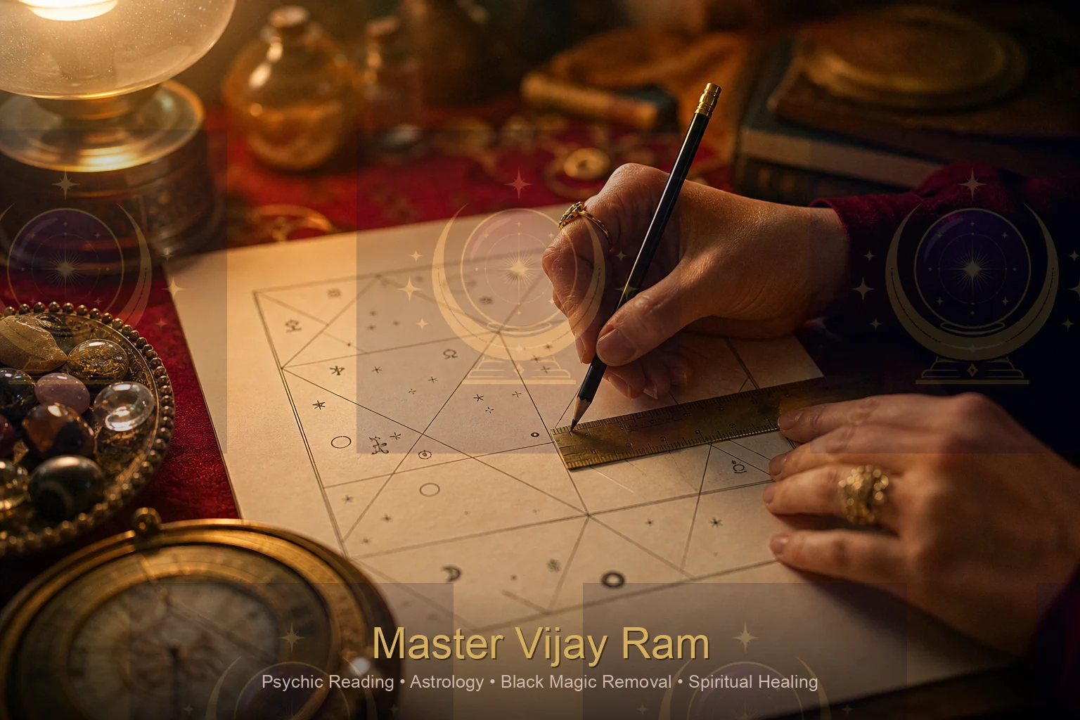 Hand-drawn natal chart being prepared by Master Vijay Ram