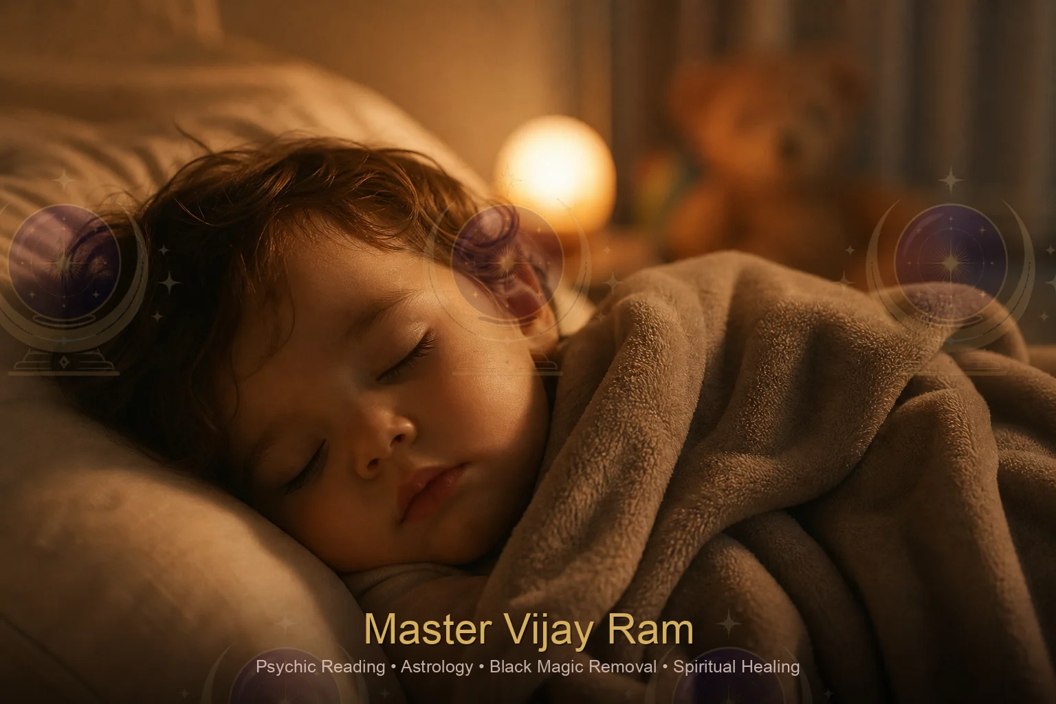Peaceful sleeping child, child affected by black magic concerns Master Vijay Ram