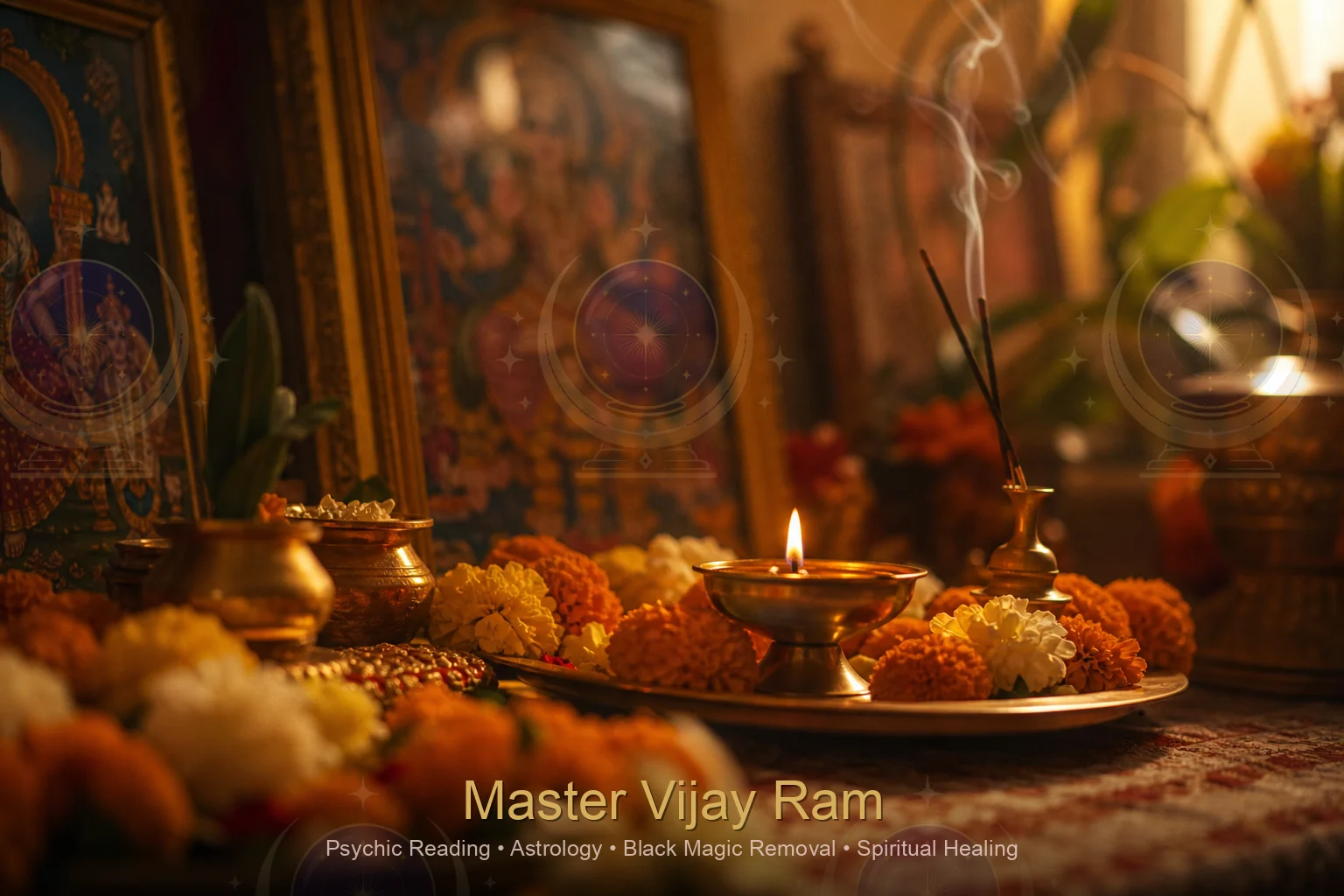 Home altar setting used for spiritual healing guided by Master Vijay Ram