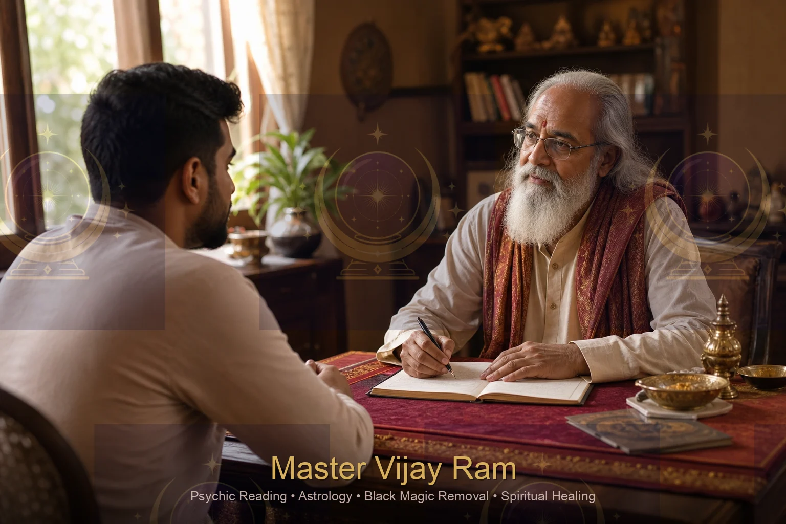 Client consultation session with Master Vijay Ram in a quiet study room