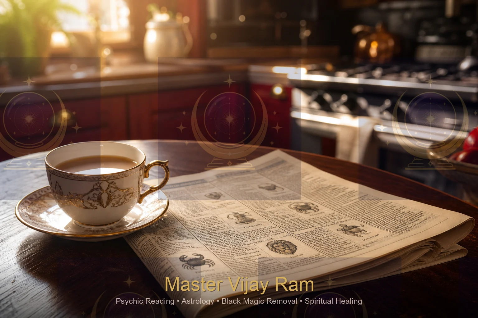 Morning horoscope column beside tea, contrasted with personal readings by Master Vijay Ram