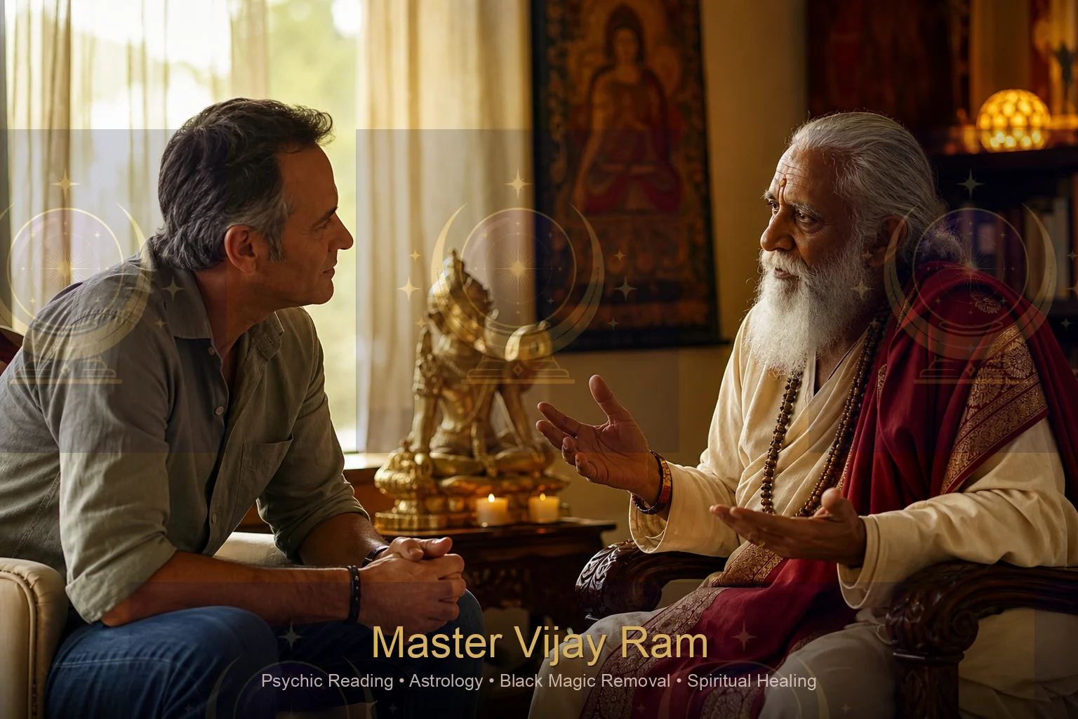 Client listening during a psychic reading consultation with Master Vijay Ram