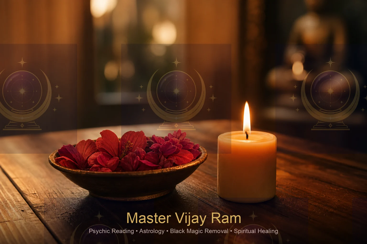 Candle and petals symbolising emotional healing with Master Vijay Ram