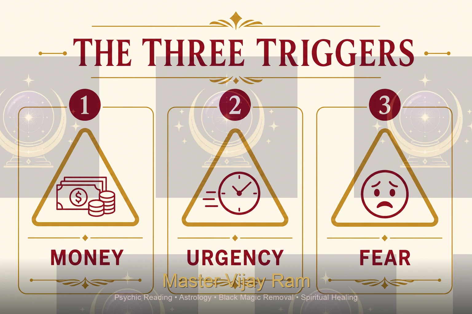 Fake psychic warning signs infographic Master Vijay Ram