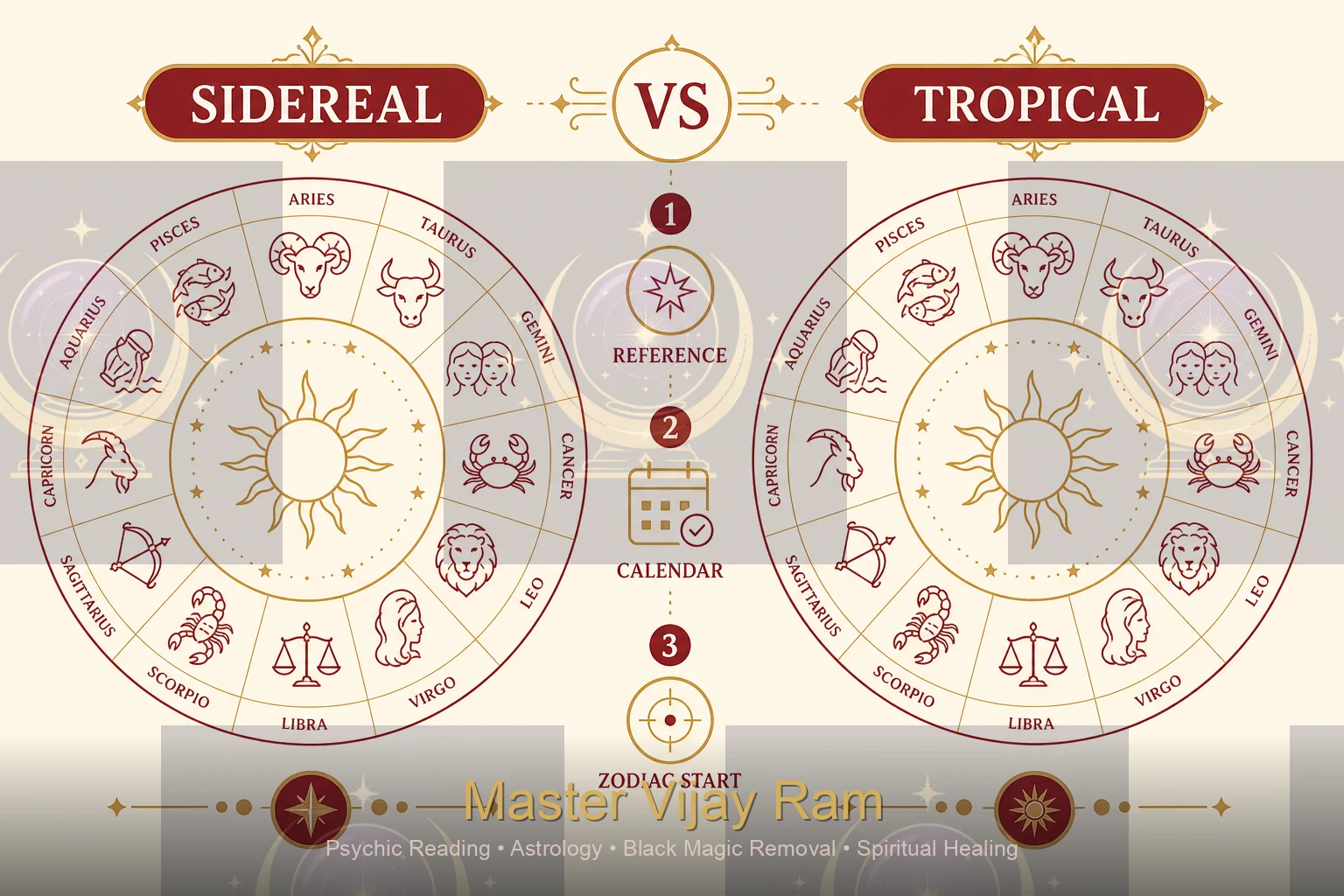 Infographic comparing sidereal and tropical zodiac used by Master Vijay Ram clients