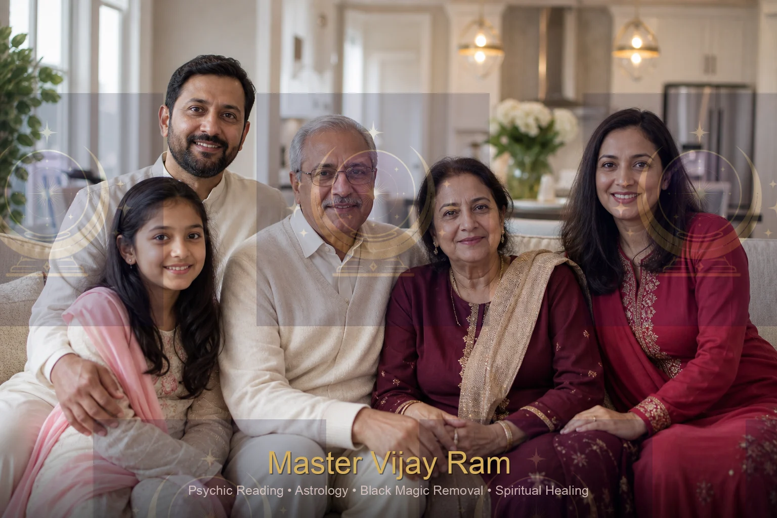 South Asian diaspora family discussing life guidance from Master Vijay Ram