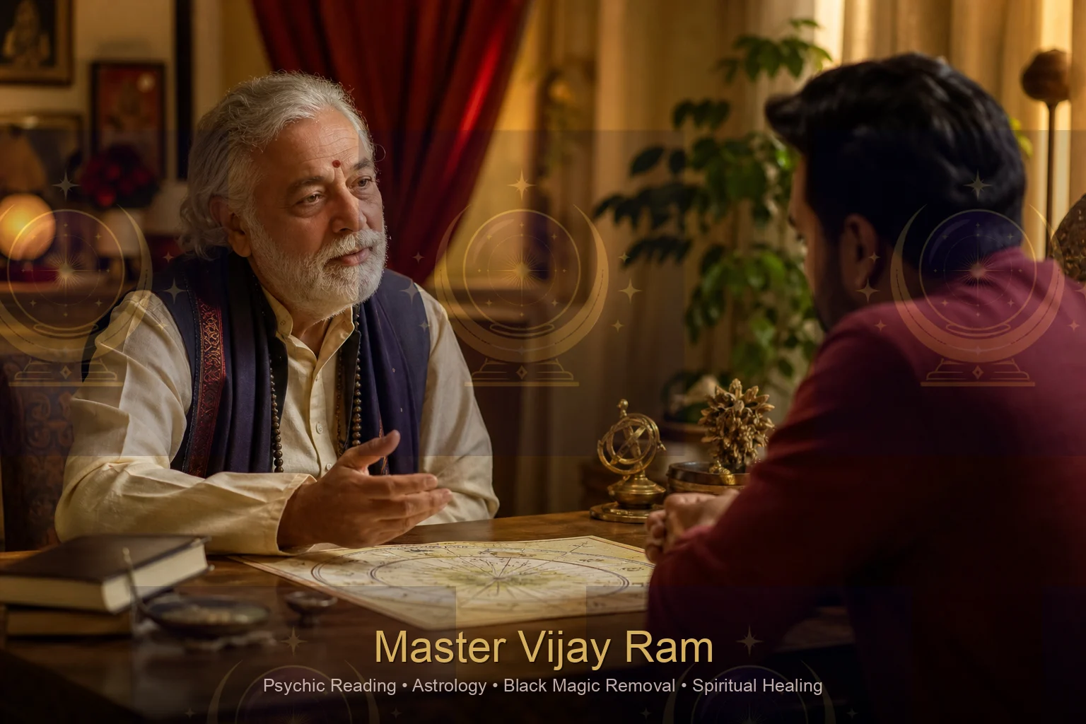 Consultation session with Master Vijay Ram discussing palm reading