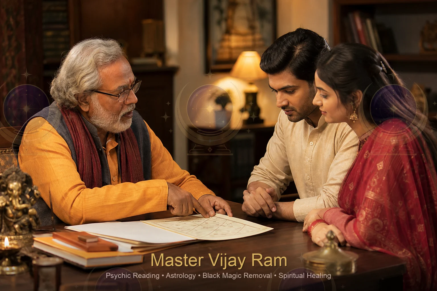 Vedic astrologer explaining marriage astrology to a couple, Master Vijay Ram consultation