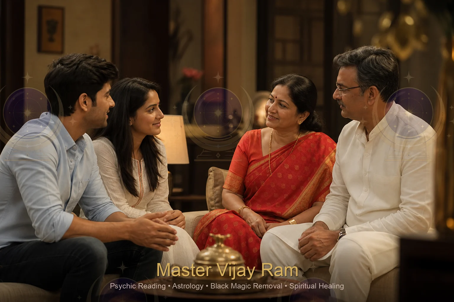 Family discussing marriage decisions before consulting Master Vijay Ram