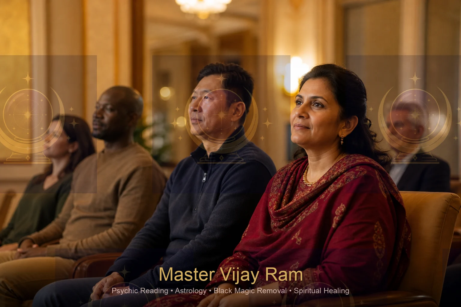 Clients waiting calmly for spiritual protection consultation with Master Vijay Ram