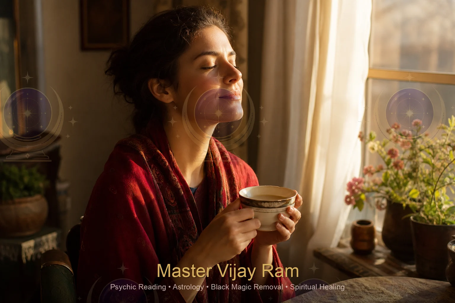 Client feeling calm relief after negative energy removal with Master Vijay Ram