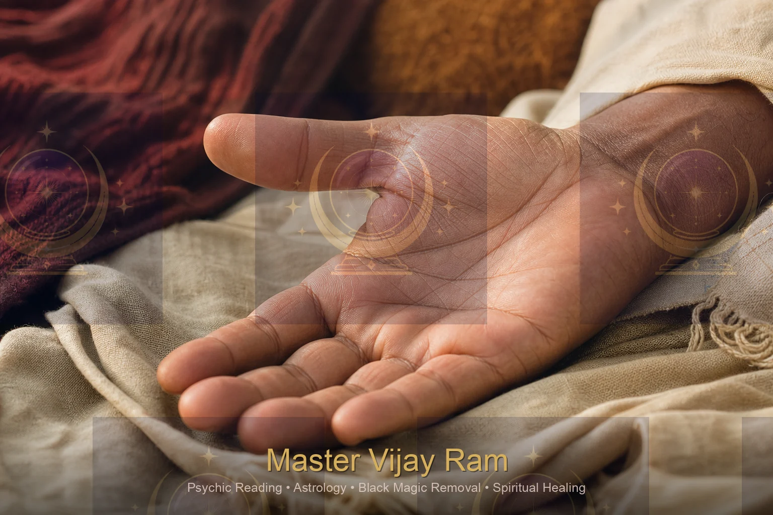 Close-up of natural palm lines studied in a reading by Master Vijay Ram