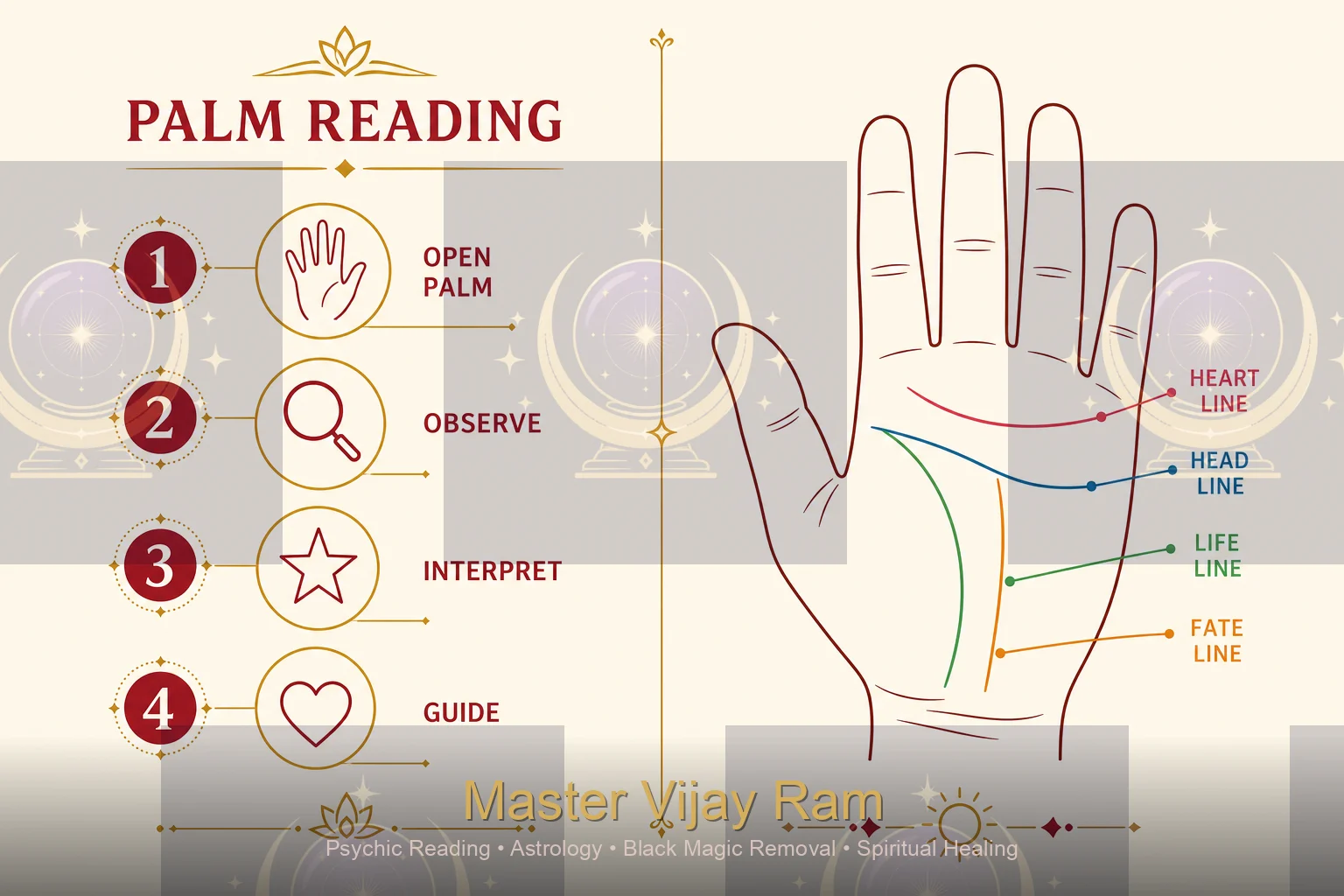 Infographic showing four major lines in palmistry near Kitchener