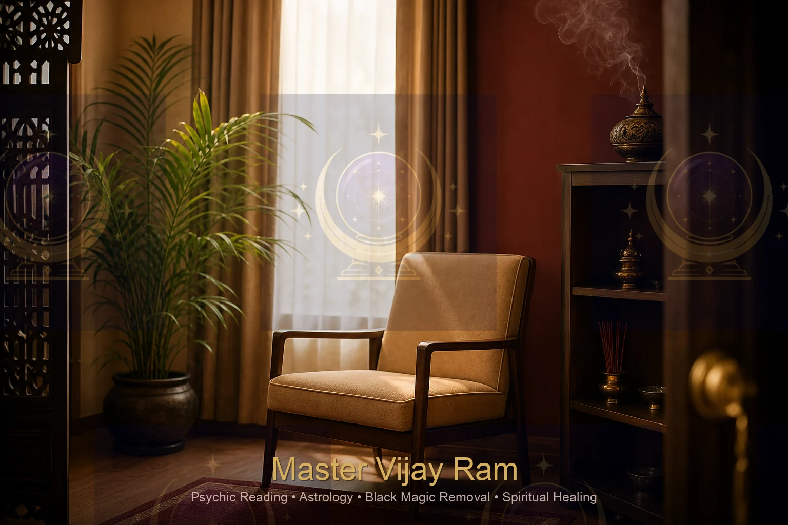 Calm waiting area before a psychic reading with Master Vijay Ram