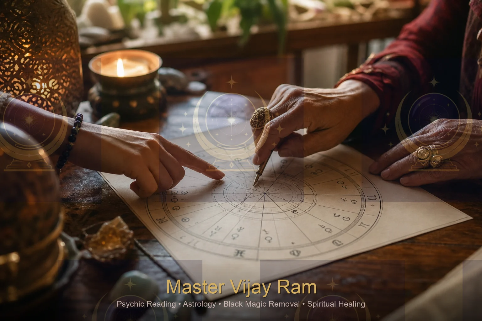 Birth chart discussion during a Vedic astrology consultation with Master Vijay Ram