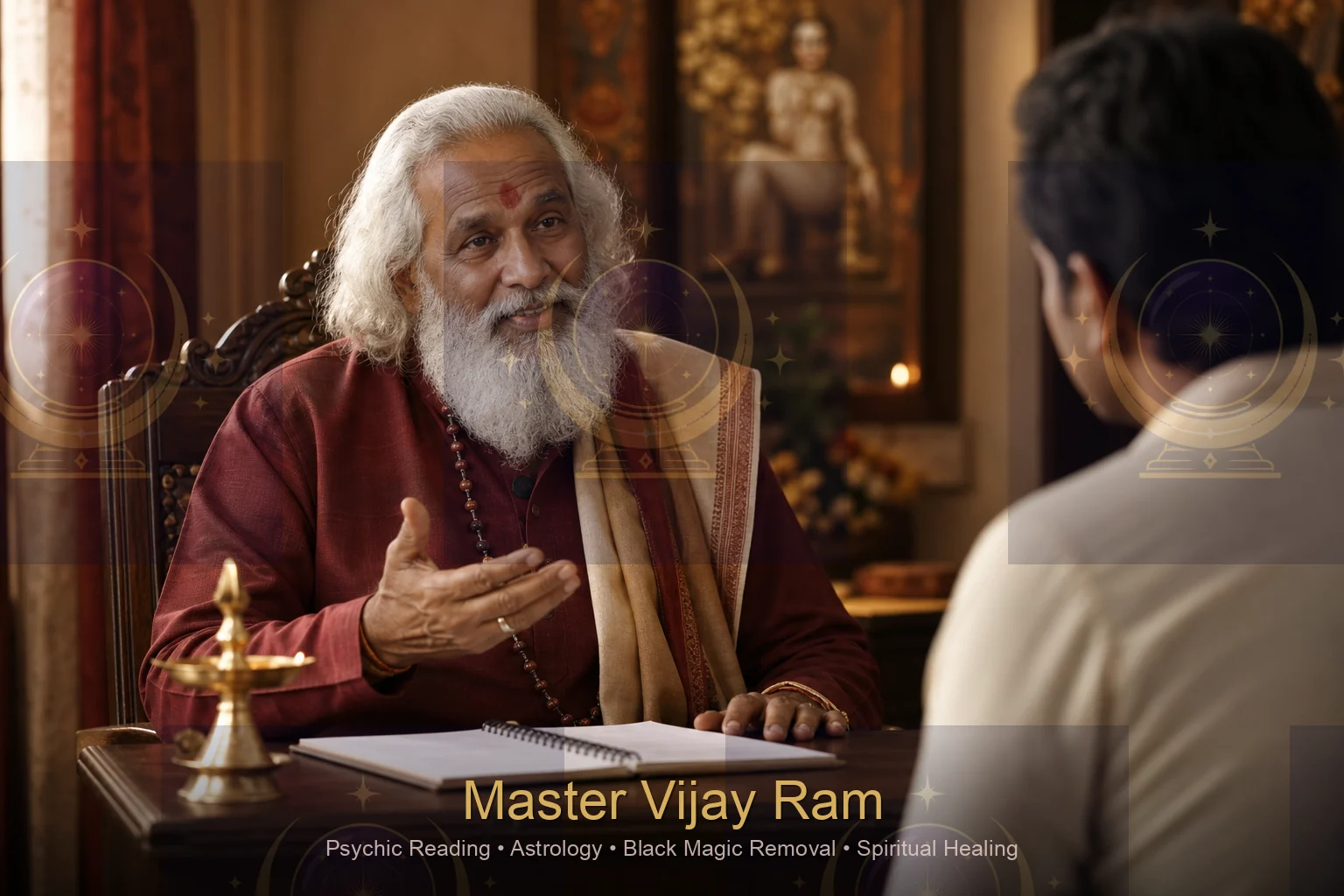 Spiritual advisor consulting with a client during a psychic reading with Master Vijay Ram